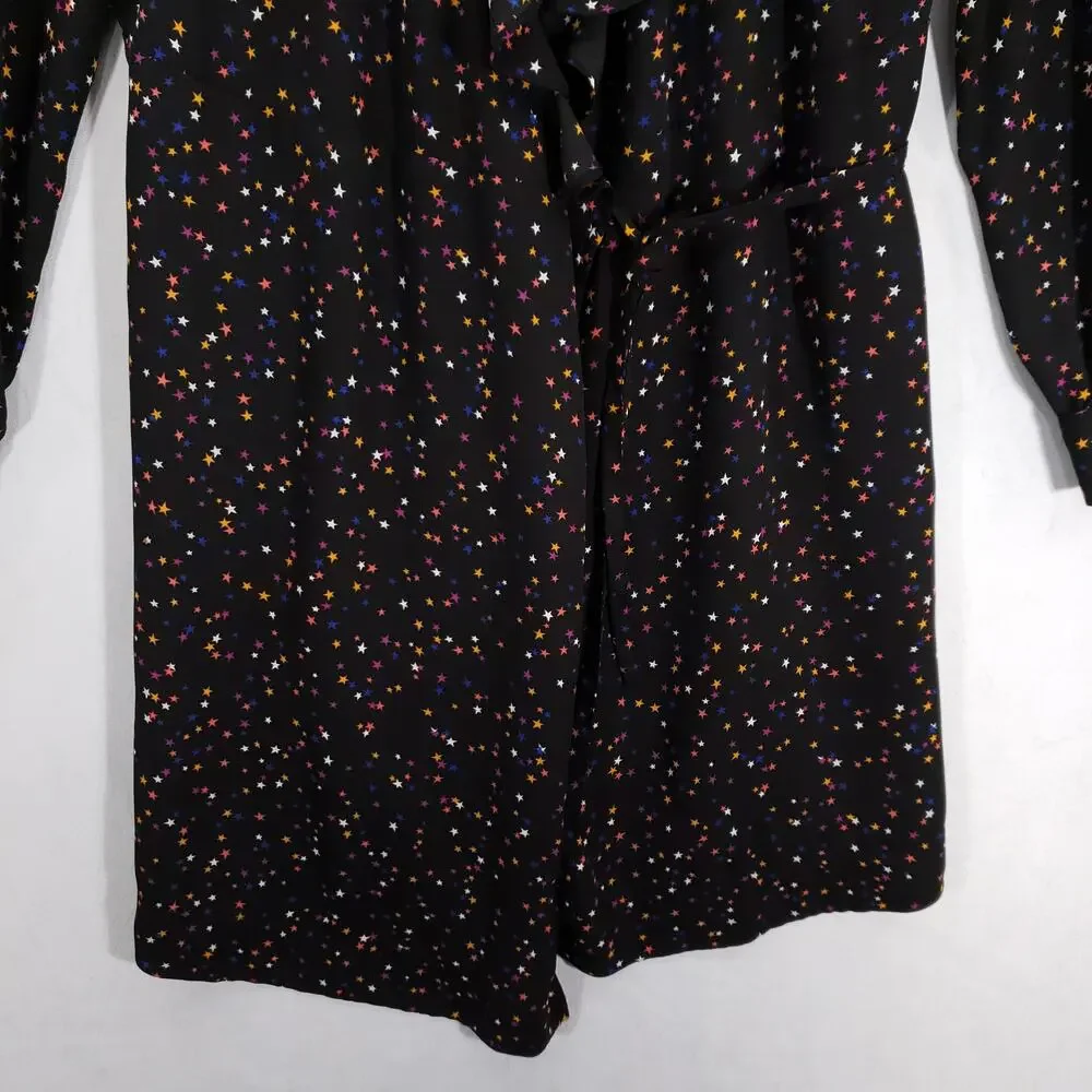 Popsugar Wrap Dress Womens Medium Black Multicolor‎ Stars Ruffle Neck Lined Mini